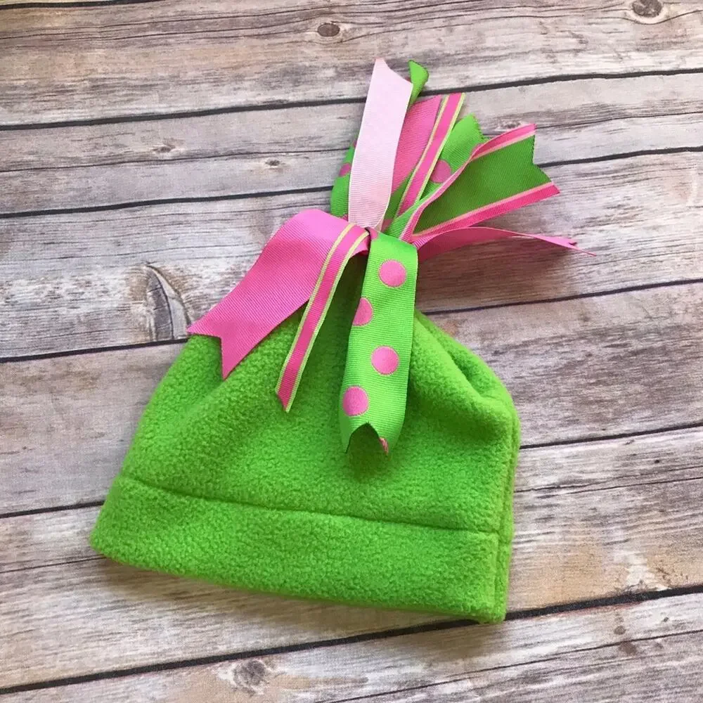 Lexy Lu Girls Hat‎ Sz 6-12 Months Pink Green Fleece Grosgrain Ribbon Tassel NEW
